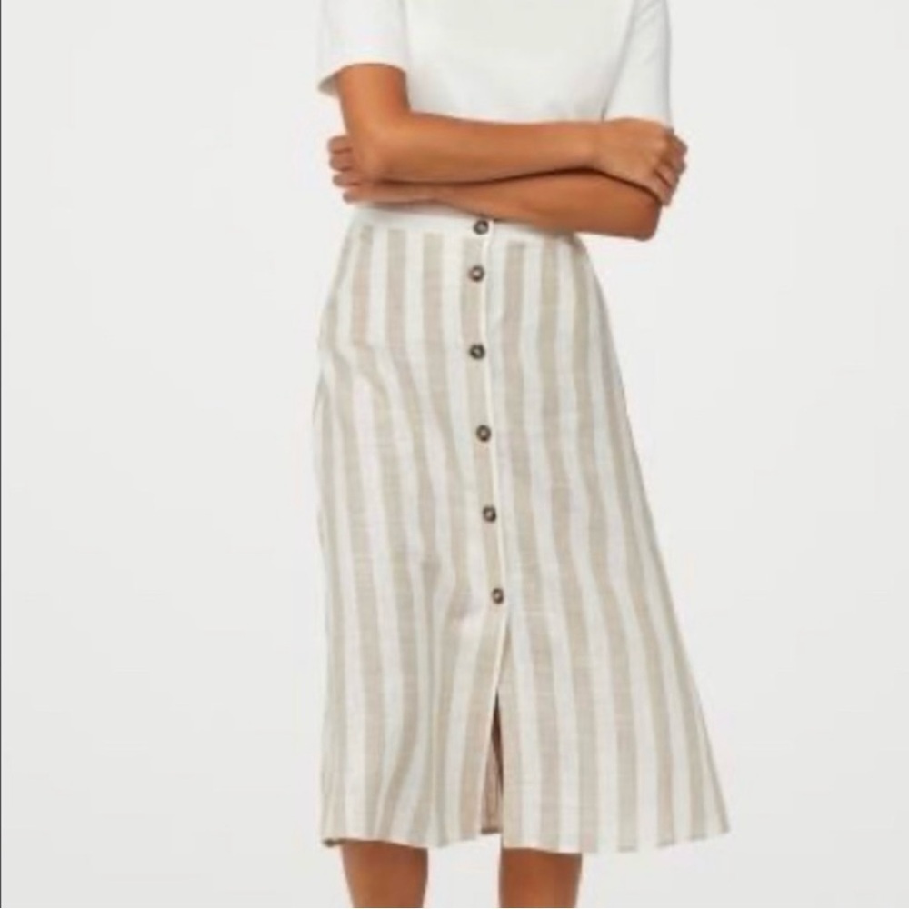 H&M Linen Blend Midi Sand Striped Skirt Size 8